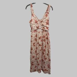 Floral Midi Dress Fairy Cottagecore Coral Pink Smock Tie Ruched Ruffle Size M